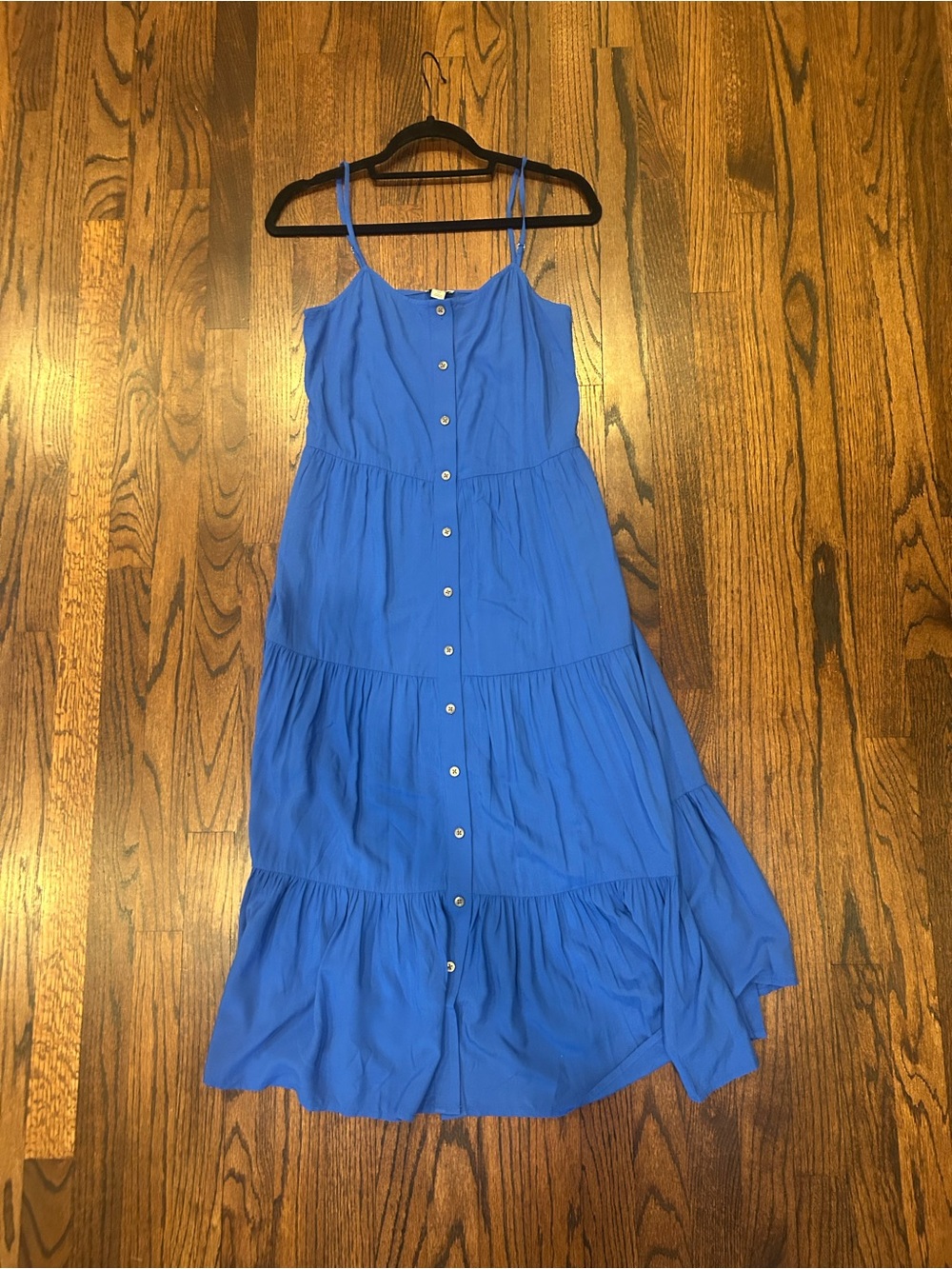 Blue Button-Front Tiered Spaghetti Strap Dress